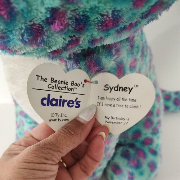 TySilk Beanie Boos Sydney for Claires Blue Spotted Leopard Cat Glitter Eye 16" - Picture 4 of 14